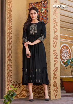 Black Cotton Embroidery And Hand Work Flared Kurti