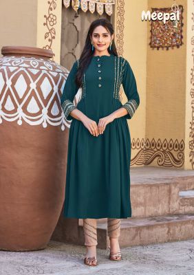 Blue Emerald Cotton Embroidery And Hand Work Flared Kurti