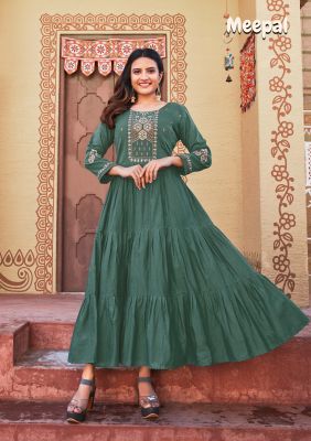 Bottle Green Rama Cotton Embroidery And Hand Work Flared Kurti