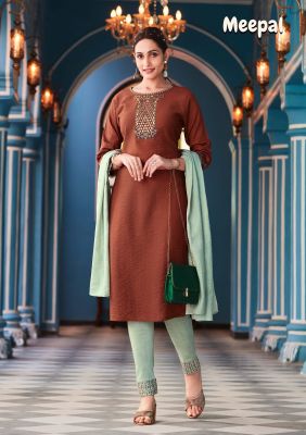 Brown Cotton Embroidery And Hand Work Kurti With Light Olive Pants And Matching Dupatta 3 Pc Set