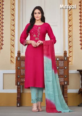 Dark Pink Cotton Embroidery Kurti With Pants and Matching Sky Blue Dupatta 3 Pc Set