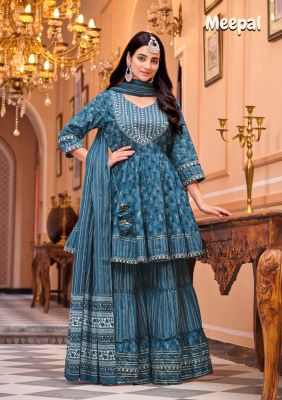 Dark Sky Blue Cotton Embroidery And Printed Kurti With Sharara And Matching Dupatta 3 Pc Set