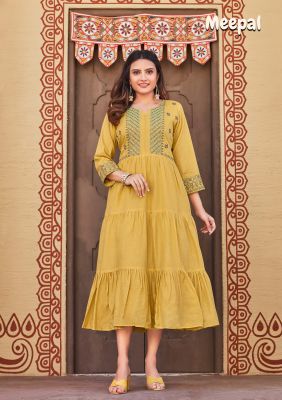 Mustard Yellow Cotton Embroidery And Hand Work Flared Kurti