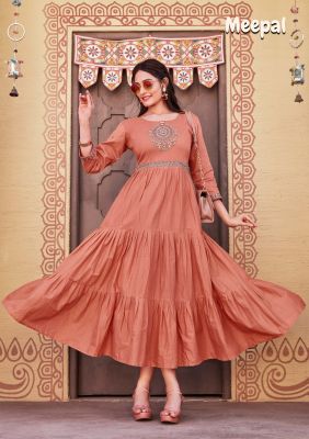 Peach Cotton Embroidery And Hand Work Flared Kurti