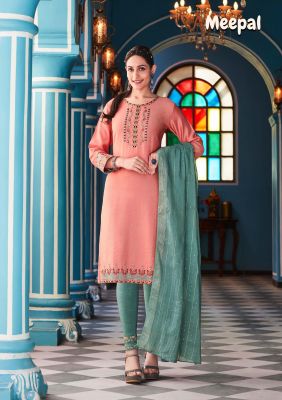 Peach Cotton Embroidery And Hand Work Kurti With Bottle Green Rama Pants And Matching Dupatta 3 Pc Set