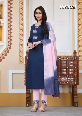 Royal Blue Cotton Embroidery And Hand Work Kurti With Baby Pink Pants And Matching Dupatta 3 Pc Set