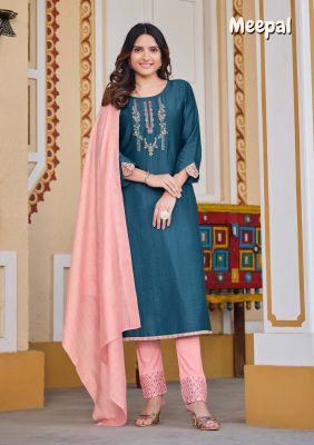 Royal Blue Cotton Embroidery And Hand Work Kurti With Peach Pants And Matching Dupatta 3 Pc Set