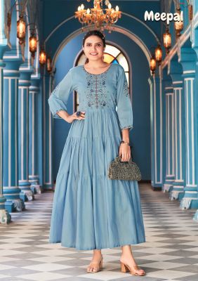 Sky Blue Cotton Embroidery And Hand Work Flared Kurti