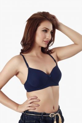 Solid Navy Blue Cotton Blend Premium Bra