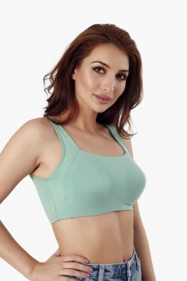 Solid Sea Green Cotton Blend Premium Sports Bra