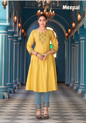 Yellow Cotton Embroidery And Hand Work Flared Kurti With Sky Blue Pants 2 Pc Set