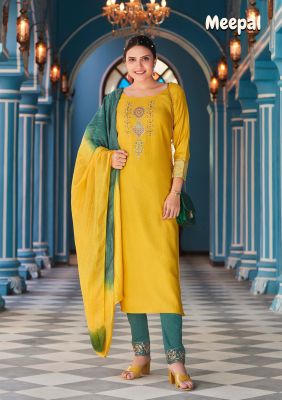 Yellow Cotton Embroidery And Hand Work Kurti With Bottle Green Rama Pants And Matching Dupatta 3 Pc Set